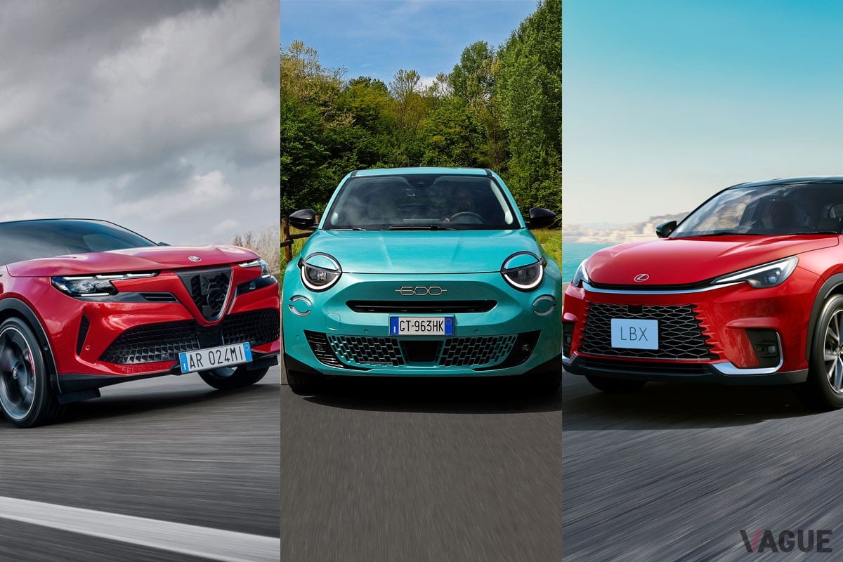 写真左はアルファ ロメオ「ジュニア」、中央はフィアット「600ハイブリッド」、右はレクサス「LBX」