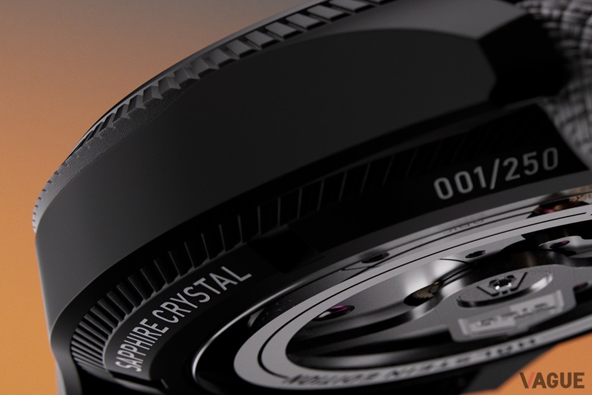 ステンレススチール製、ブラックDLCコーティングを施したケースは厚さ11.90mm。シンプルなデザインとともに気軽に身につけられる作品となっている