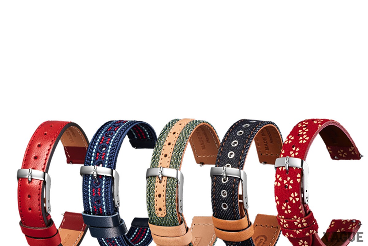 左から栃木レザー、くみひも、畳縁、カイハラデニム、印伝。クラファンではストラップ5本セットも購入できる