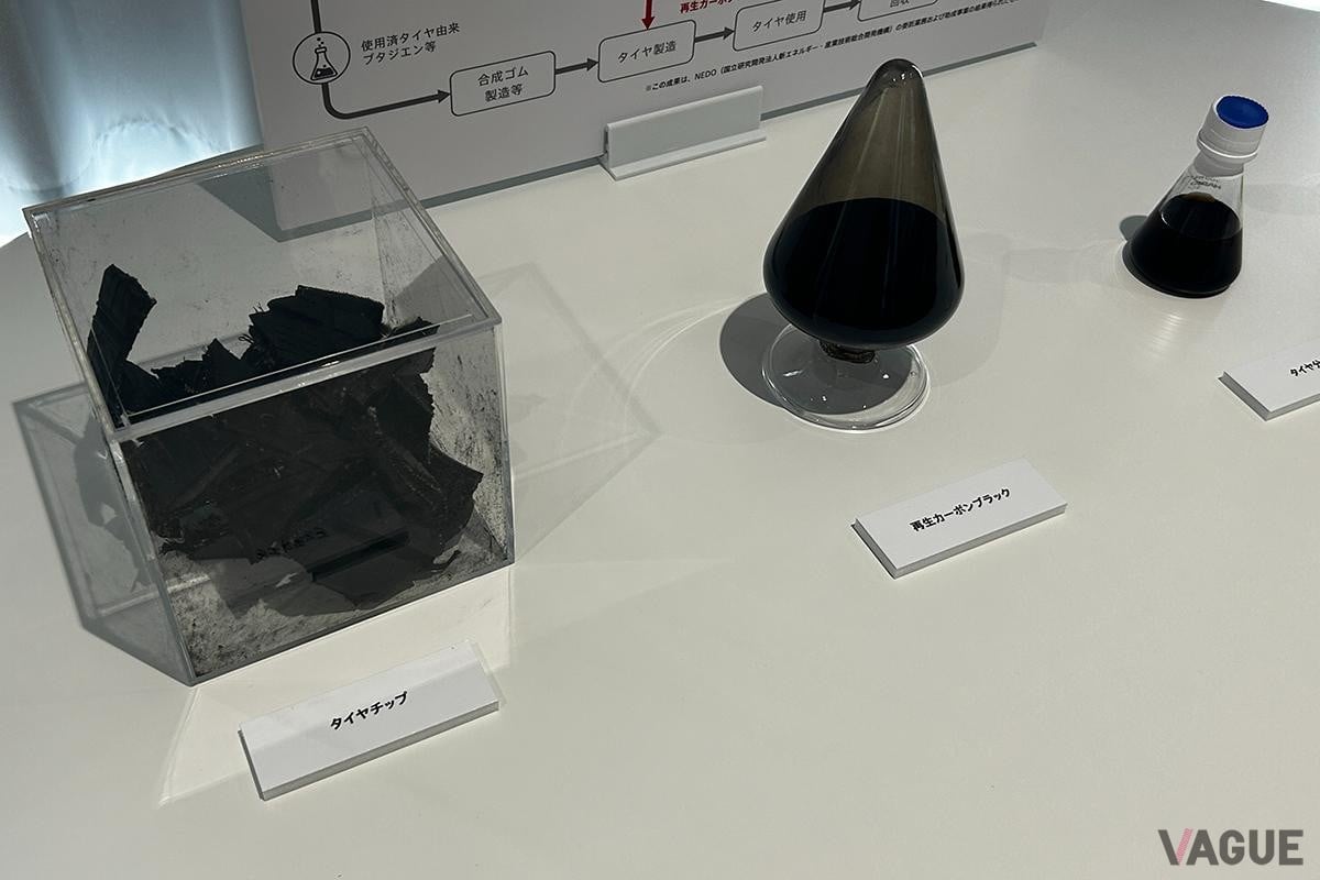使用済みタイヤ（タイヤチップ）と、再生カーボンブラック、タイヤ分解油