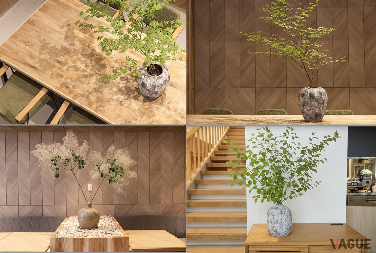 店内に飾られた枝ものは色々。卓上に映る葉の影が美しい