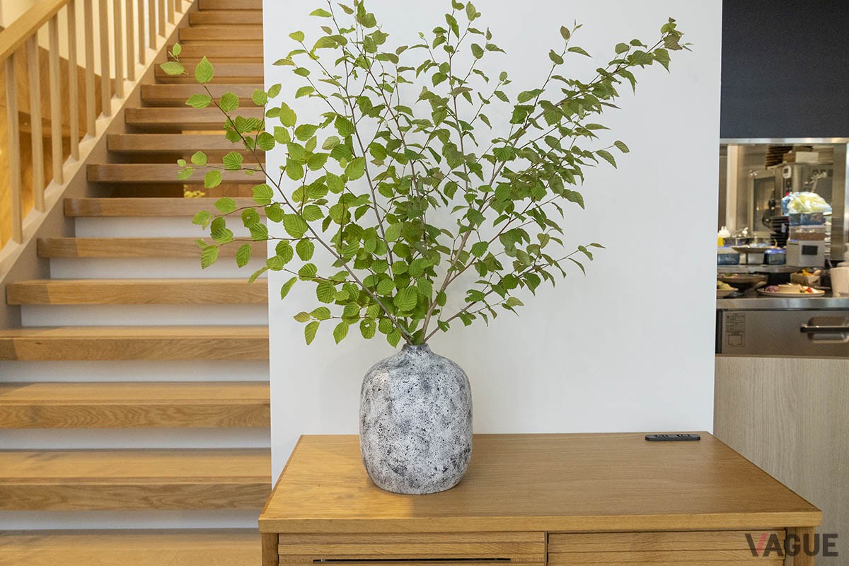 店内に飾られた枝ものは色々。卓上に映る葉の影が美しい