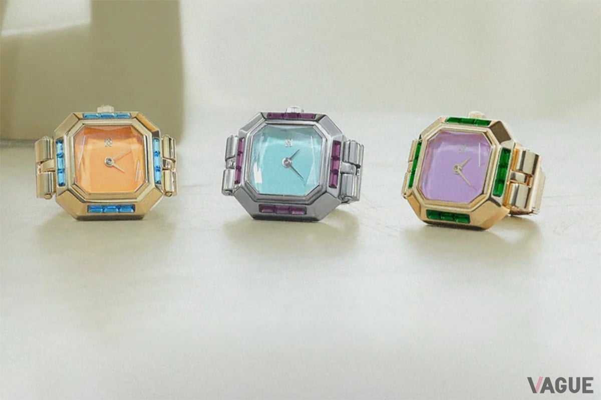 パスカルから登場したウォッチリングの新コレクション。写真はカラフルなジェムストーンを用いた「Sofia Prism Cocktail Collection」