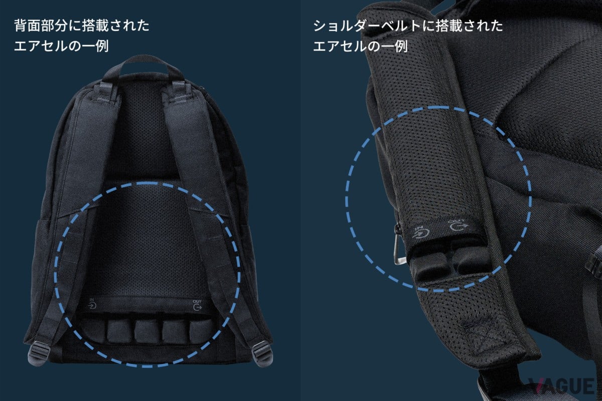 バッグの背面部分やショルダーベルト部分に組み込んだ「AIR CELL」