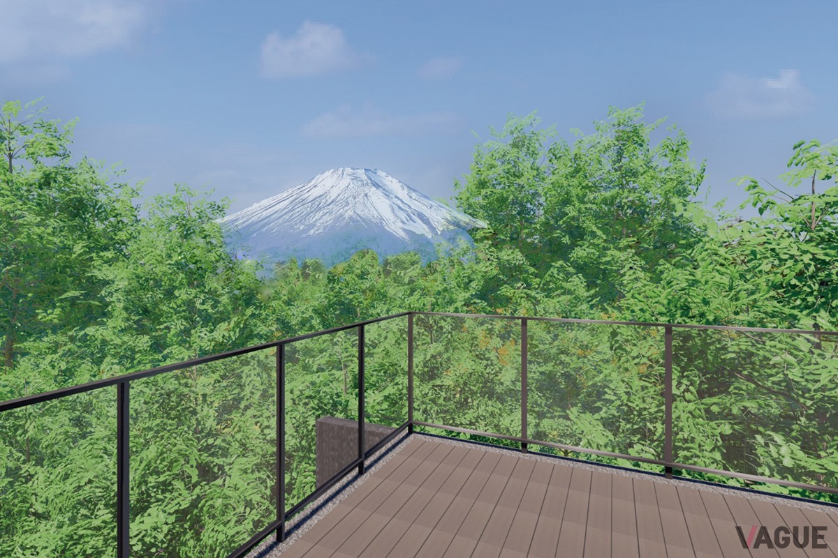 森の上に浮かぶ富士山を望むルーフバルコニー