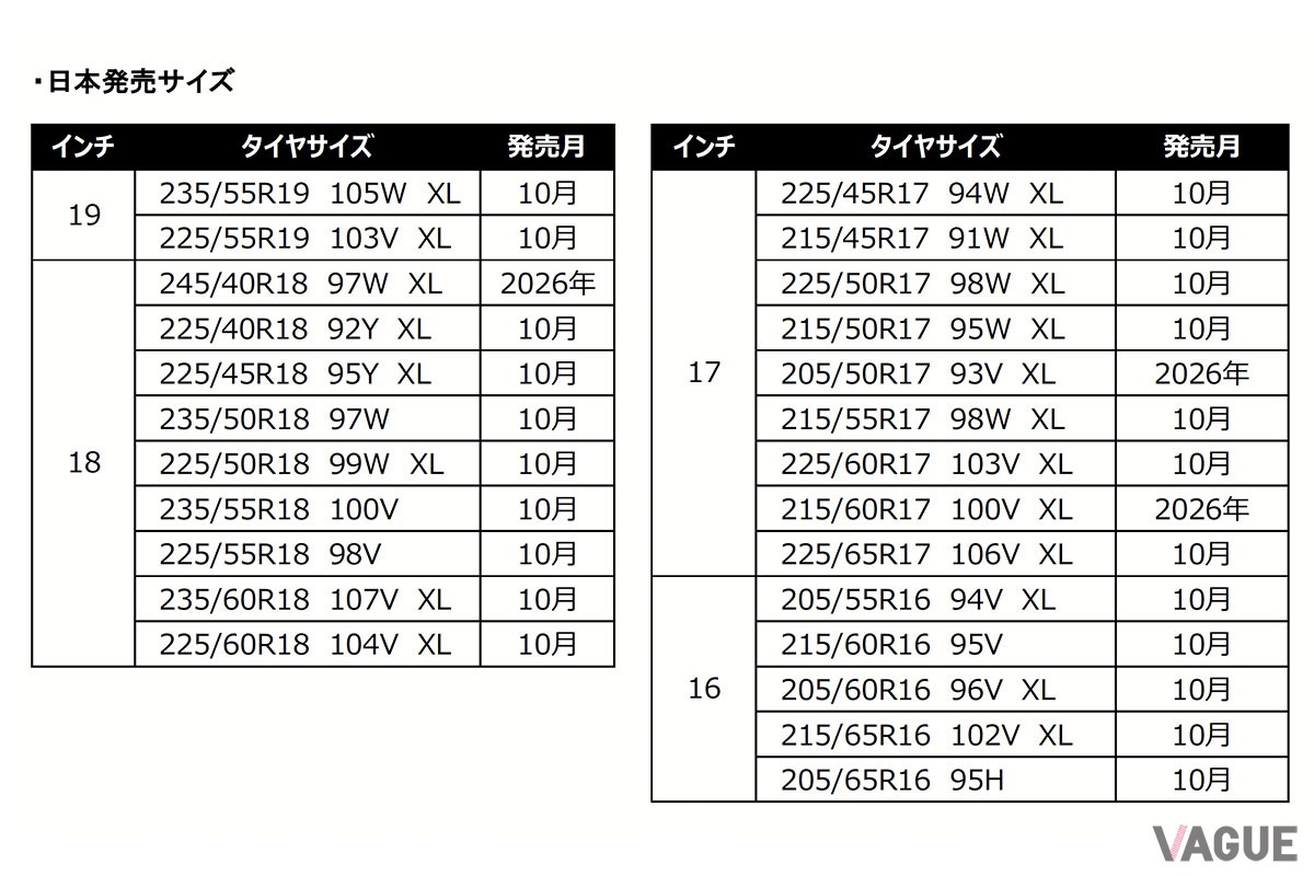 「N-BLUE 4SEASON 2」の日本国内での発売サイズは、16インチから19インチまでの計25サイズ。価格はオープン価格だ