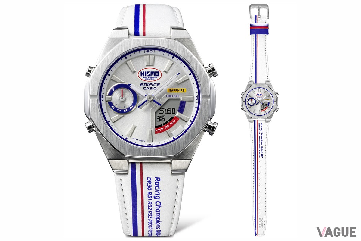 ケースサイズは48×43×9.6mm。ケースやベゼルはステンレススチール製で、ヘアライン加工やダイヤルのサンレイ加工もスピード感を感じさせる見逃せないディテールに