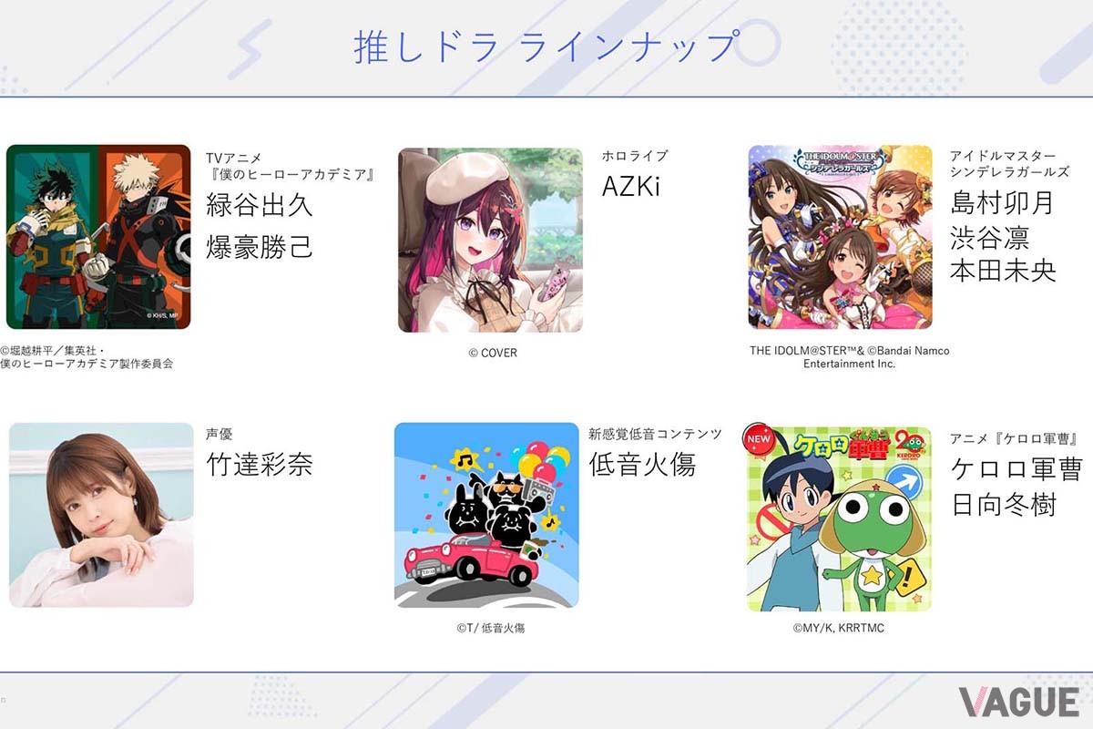 『推しドラ』で楽しめるのは全6種類。様々なアニメキャラクターや声優が登場する