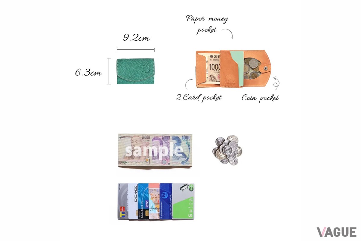 横9.2cm×縦6.3cmというコンパクトサイズに、お札 約10枚、コイン 約20枚、カード 約4枚の収納力を秘める