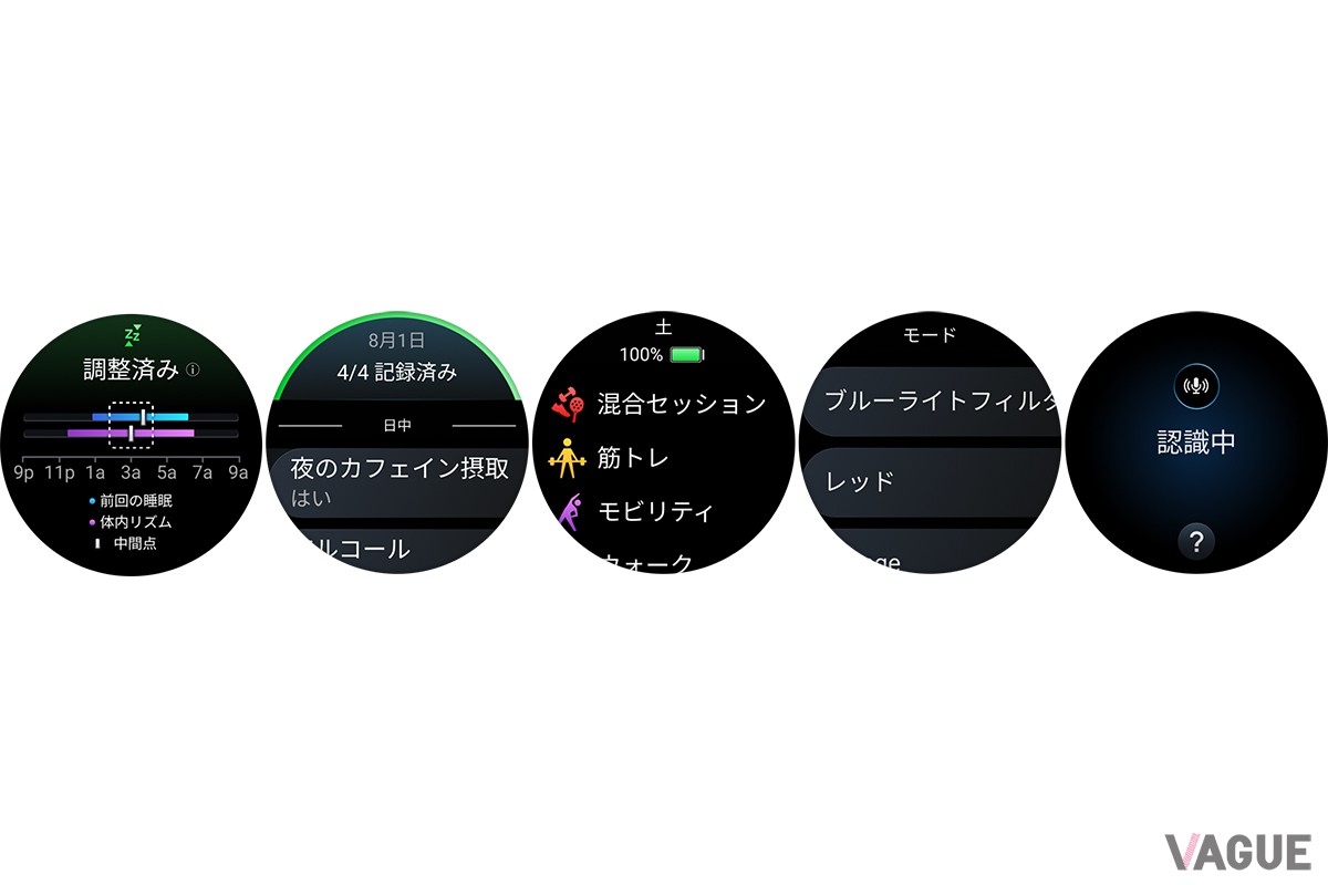 左より　睡眠アライメント、ライフスタイル記録、混合セッション、色補正機能、音声コマンド。特に体内時計に合わせて睡眠を調整する睡眠アライメントは注目の新機能