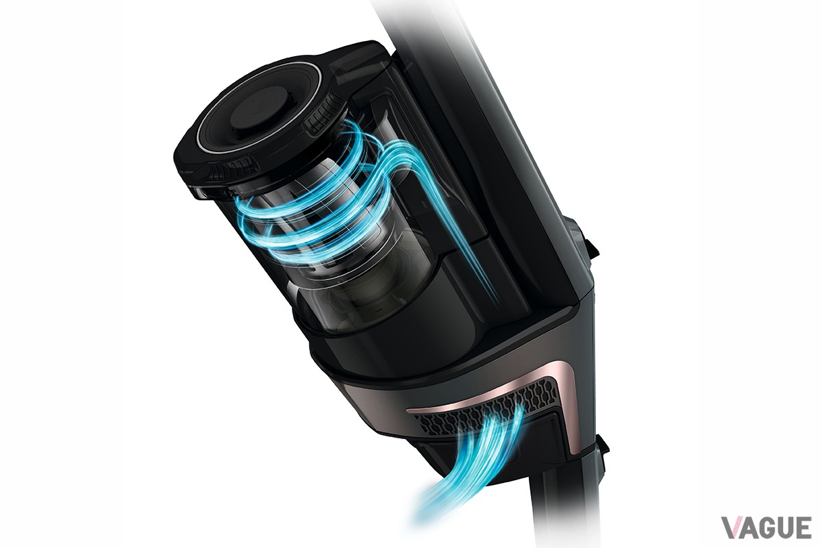 パワフルなドイツ製モーターが大きな渦を発生、床面に吸い付くような吸引力を実現するモノサイクロンシステム“Vortexテクノロジー”を搭載