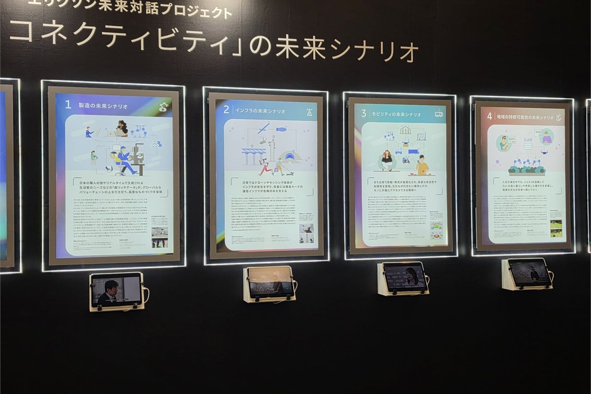 「Enter New Horizons」の展示。製造、インフラ・エネルギー、モビリティ、地域の持続可能性という4つの視点から、2035年頃の日本を考える。新技術の紹介だけでなく、暮らしや社会の課題から出発した未来シナリオだ。