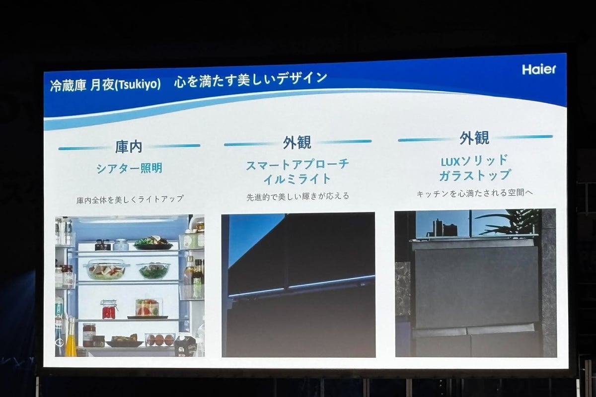 「月夜」の照明と外観を紹介するスライド。上位機に備わるシアター照明や、人の接近を検知して灯る光など、冷蔵庫を使う瞬間の印象も設計しています。食品を冷やす役割に、キッチンの佇まいを整える視点を重ねた提案です。