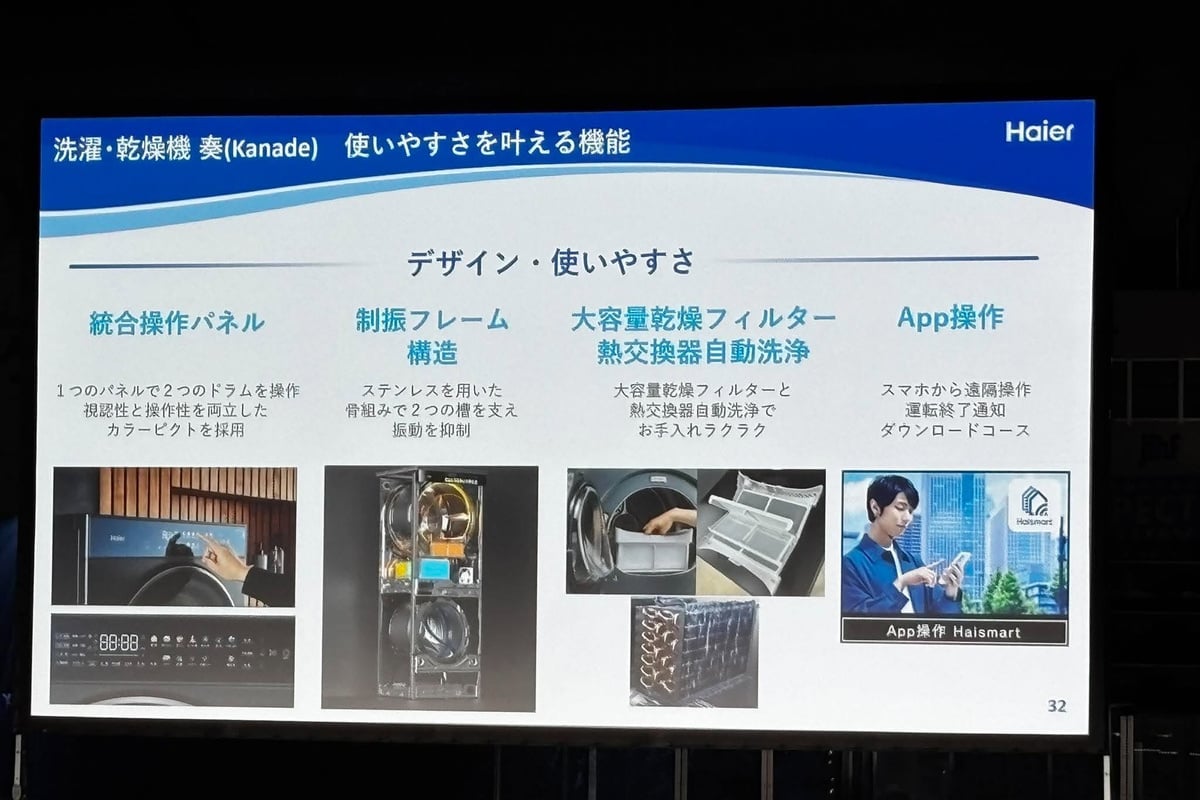 洗濯と乾燥を並行するだけでなく、２つのドラムを１つのパネルで操作する工夫も紹介された「奏」。制振構造やフィルターの手入れなど、構造の新しさを日常の使いやすさにつなげるための設計が説明されています。