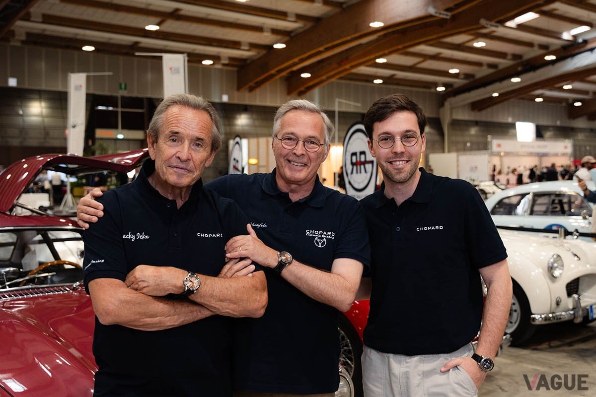 今年2025年のミッレミリアで。左からジャッキー・イクス氏、カール‐フリードリッヒ・ショイフレ共同社長、息子のカール-フリッツ・ショイフレ氏。©2025 Chopard