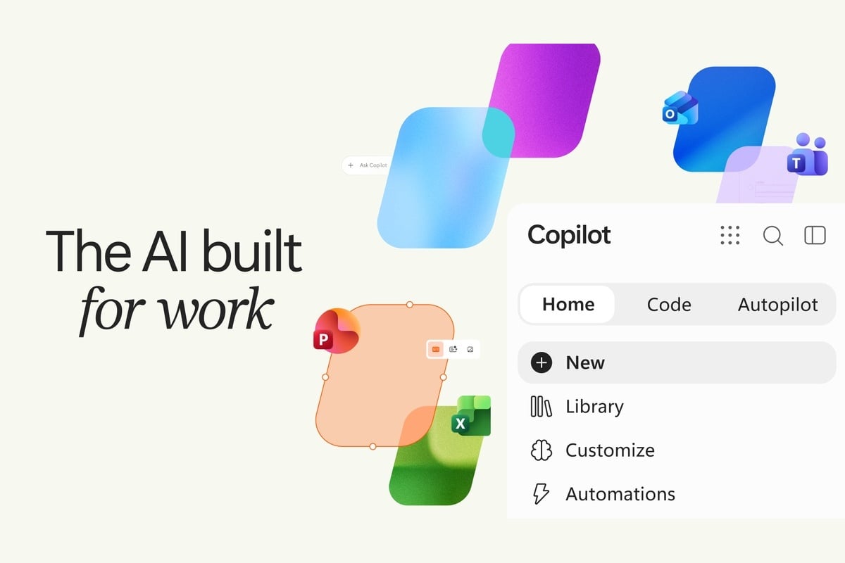 新しいCopilotのキービジュアル。「AI built for work」とあるように、単なる回答生成ではなく、仕事の入口として文書作成や作業の実行まで担う方向性が示された。