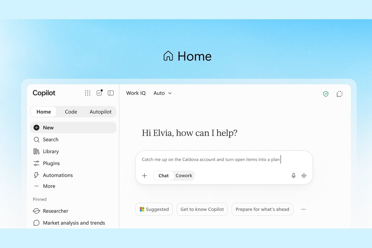Homeは、Copilotに相談し、作業を始めるための入口になる。まず「この作業の、どこを減らせるか」を考えるという記事後半の提案ともつながる画面だ。