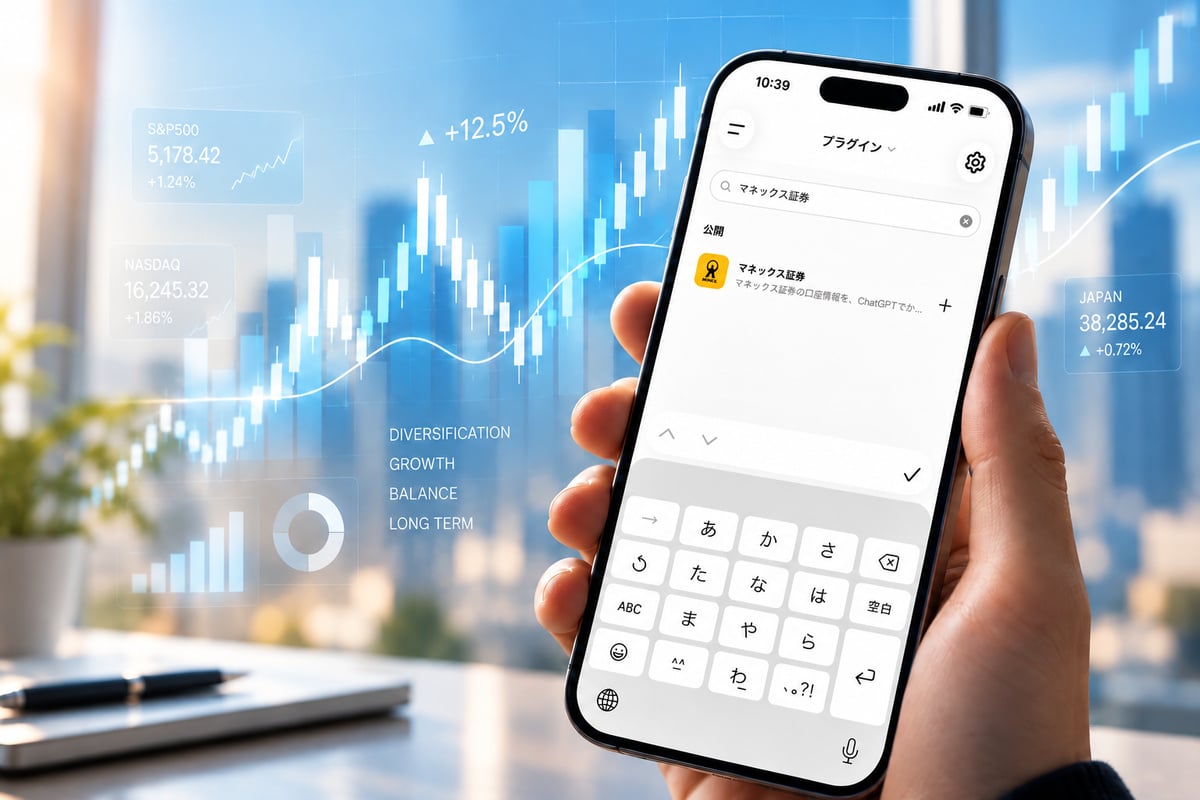 口座開設後は、ChatGPTで「マネックス証券」のプラグインをインストールし、利用規約への同意と証券口座へのログインを済ませれば連携完了。「@」からマネックス証券を選ぶことで利用できる。