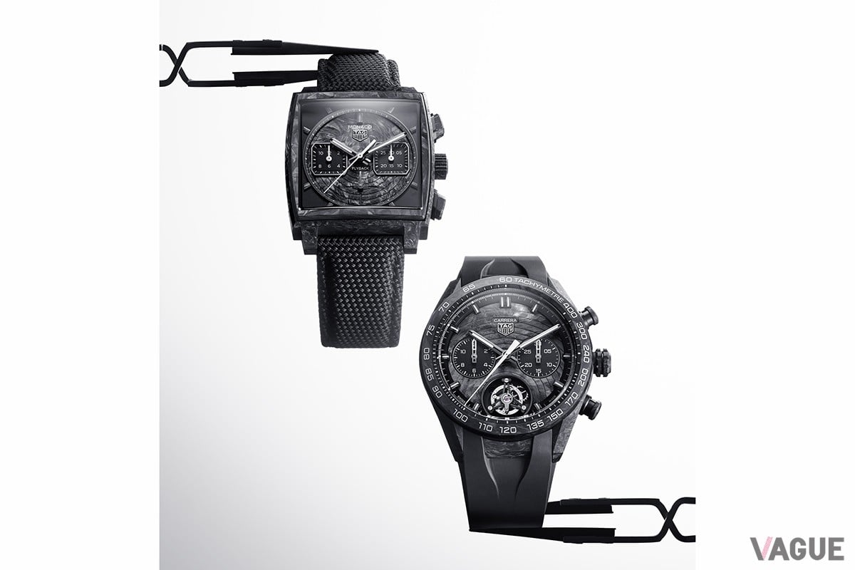 時計製造の歴史においてひとつのマイルストーンとなる新たな「TH-カーボンスプリング」搭載モデルが登場。左が「タグ・ホイヤー モナコ フライバック クロノグラフ TH-カーボンスプリング」、右が「タグ・ホイヤー カレラ トゥールビヨン クロノグラフ エクストリーム スポーツ TH-カーボンスプリング」