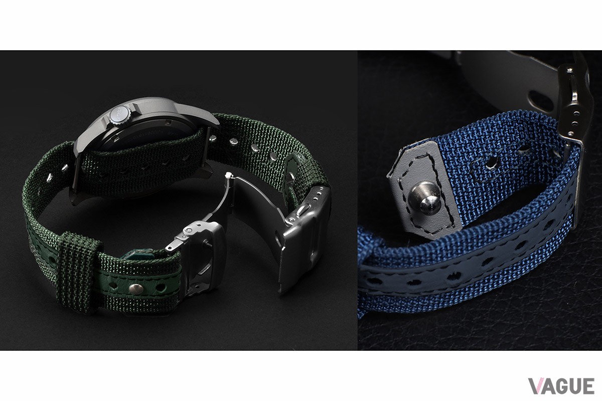 ナイロンバンドのリベット部にはレザーで補強も。着脱のしやすい3つ折れ式バックルを採用