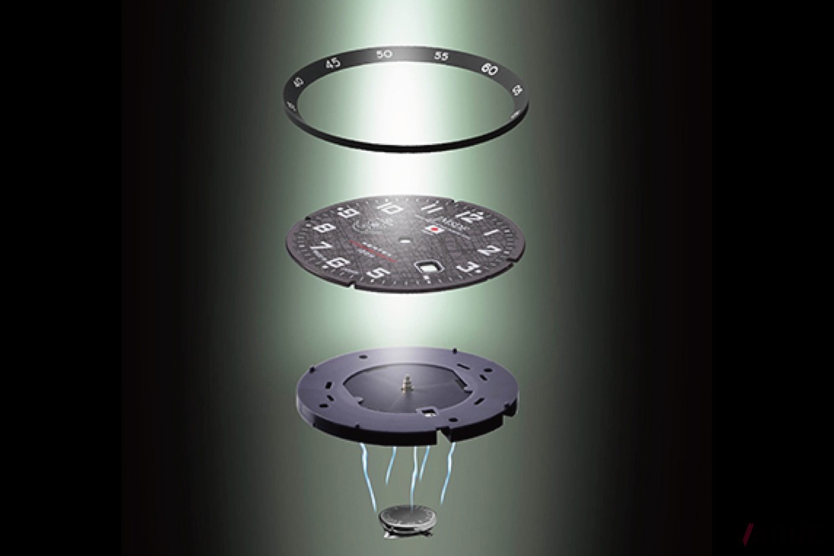 ソーラームーブメントを搭載し電池交換も不要。目安として太陽光では約5時間でフル充電に