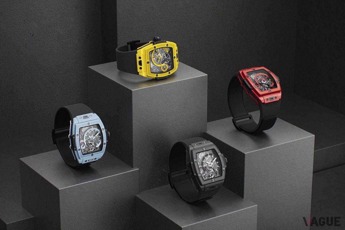 レッド、ブラック、イエロー、スカイブルーのカラーセラミックを採用した、新作の「スピリット オブ ビッグ・バン トゥールビヨン 5デイ パワーリザーブ」