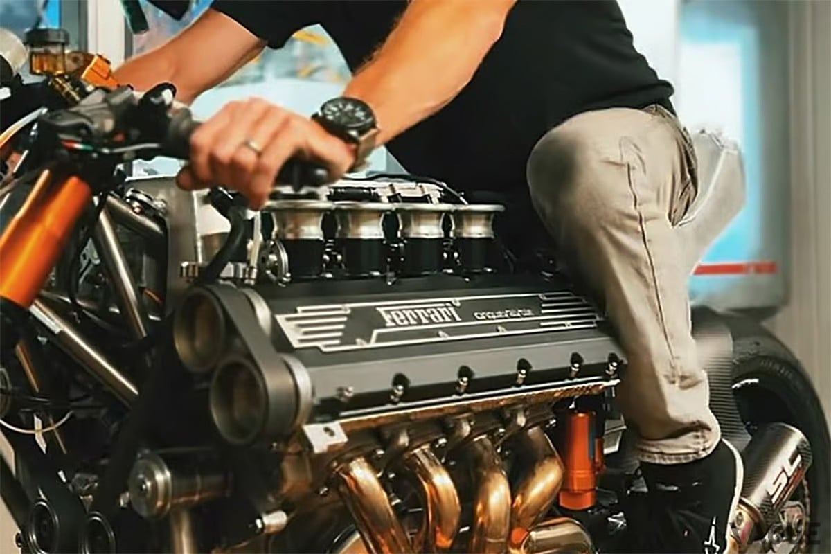 フェラーリ「F355」のV8エンジンを搭載したワンオフのカスタムバイク「HF355」(C)Instagram『maxwellhazan』