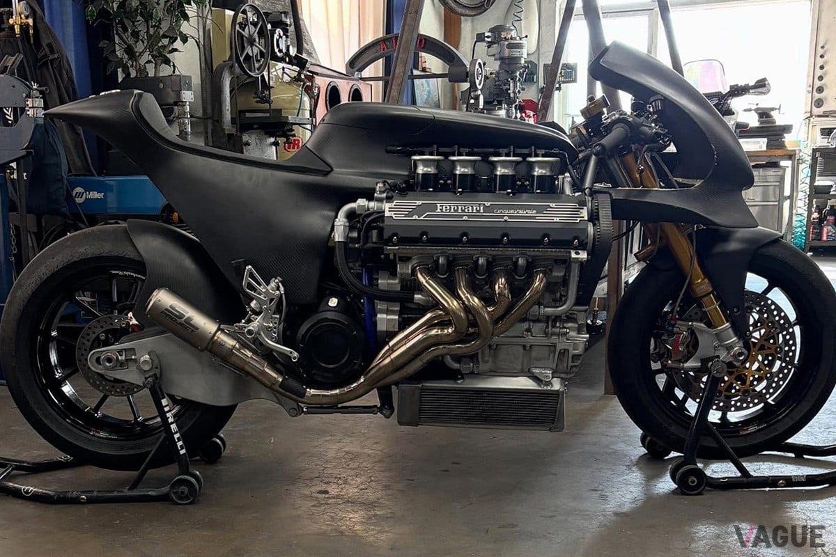 フェラーリ「F355」のV8エンジンを搭載したワンオフのカスタムバイク「HF355」（C）Facebook『Hazan Motorworks』