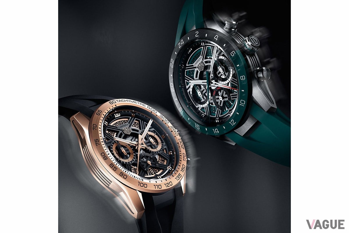 左より「タグ・ホイヤー カレラ クロノグラフ エクストリーム スポーツ」（品番：CBU2051.FT6273 予価329万4500円 消費税込）「カレラ クロノグラフ エクストリームスポーツ ツインタイム」（品番：CBU2084.FT6297 予価135万8500円 同）