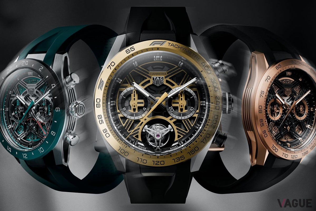 左より「タグ・ホイヤー カレラ クロノグラフ エクストリームスポーツ ツインタイム」「カレラ トゥールビヨン クロノグラフ エクストリームスポーツ  F1 75周年記念 リミテッドエディション」(12月発売予定)「カレラ クロノグラフ エクストリーム スポーツ」