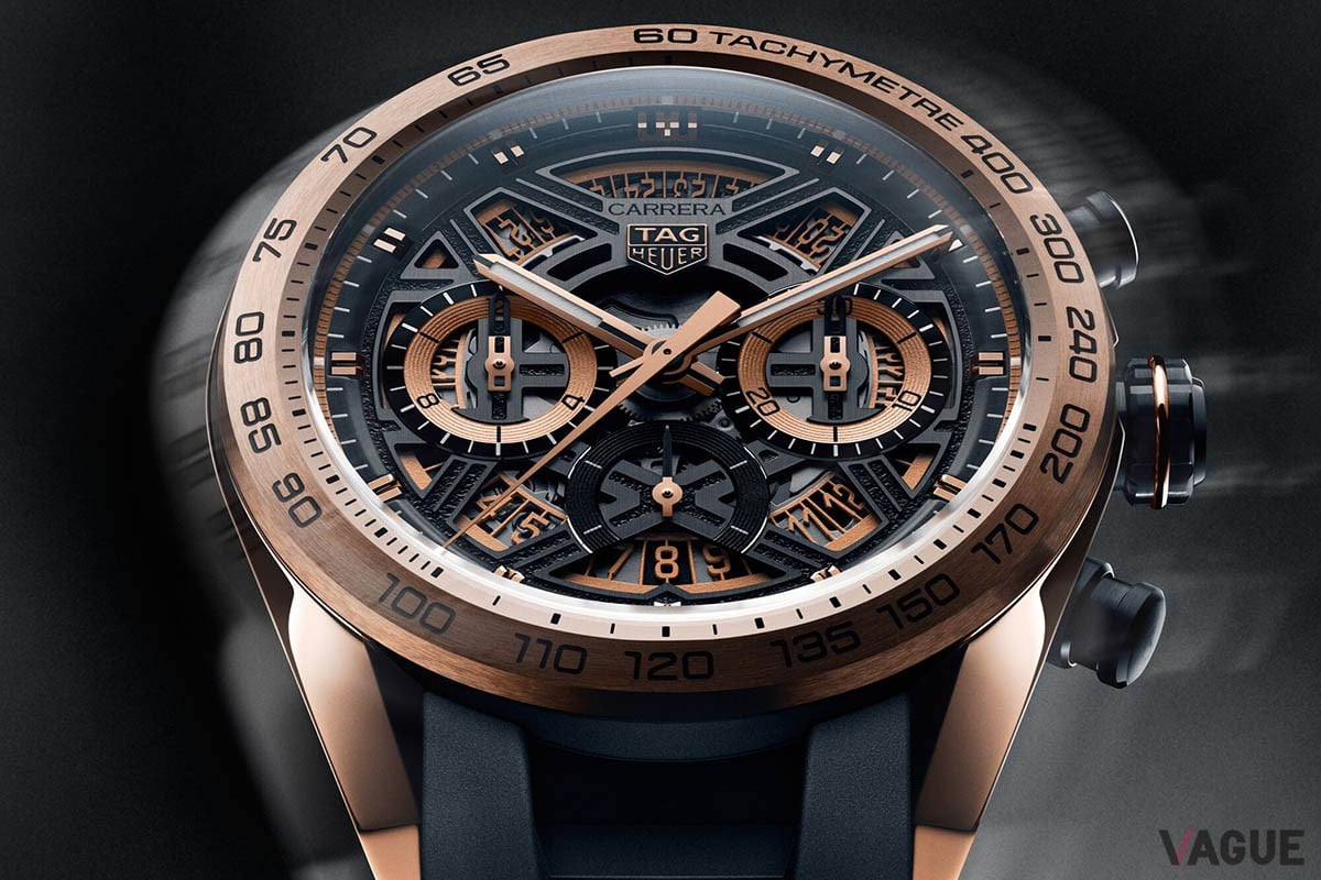 「カレラ クロノグラフ エクストリーム スポーツ」ではベゼルとケースに18K 5N ローズゴールドを贅沢に使用。ポリッシュとサテンを使い分けたケースが艶やかな光を放つ