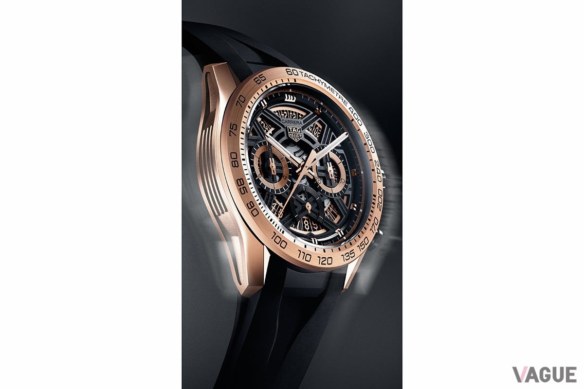 「カレラ クロノグラフ エクストリーム スポーツ」ではベゼルとケースに18K 5N ローズゴールドを贅沢に使用。ポリッシュとサテンを使い分けたケースが艶やかな光を放つ