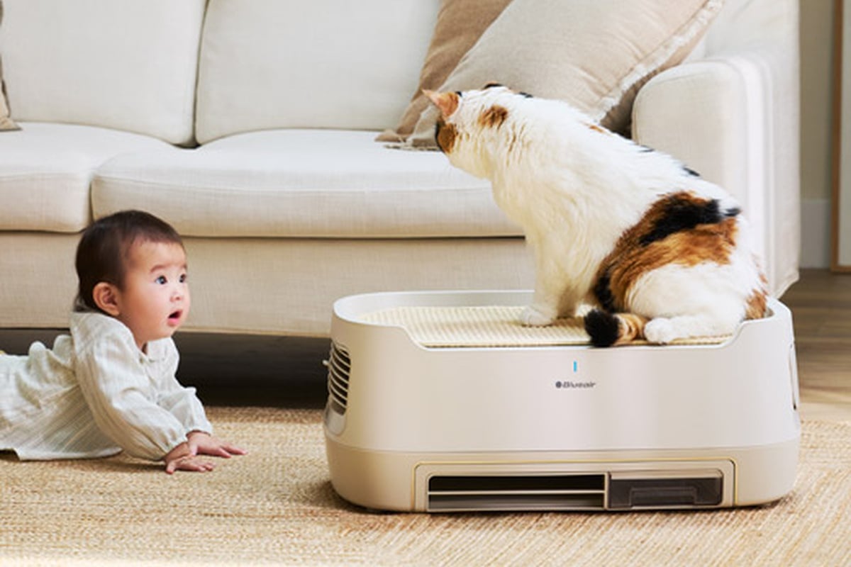 赤ちゃんと猫が過ごすリビングに置かれた「PetAir Pro」。空気清浄機への関心は、花粉やPM2.5といった特定の汚染物質への対策から、家族が日常的に過ごす室内環境全体へと広がっています。