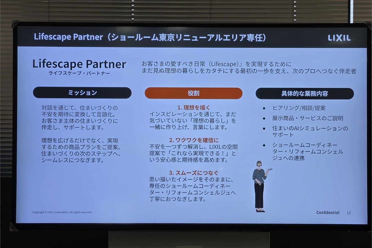 新設された「Lifescape Partner」の役割を示した発表資料。対話によって理想を言語化し、空間提案やAIシミュレーターを使いながら検討を支え、必要に応じて専門スタッフや施工事業者へつなぐ。