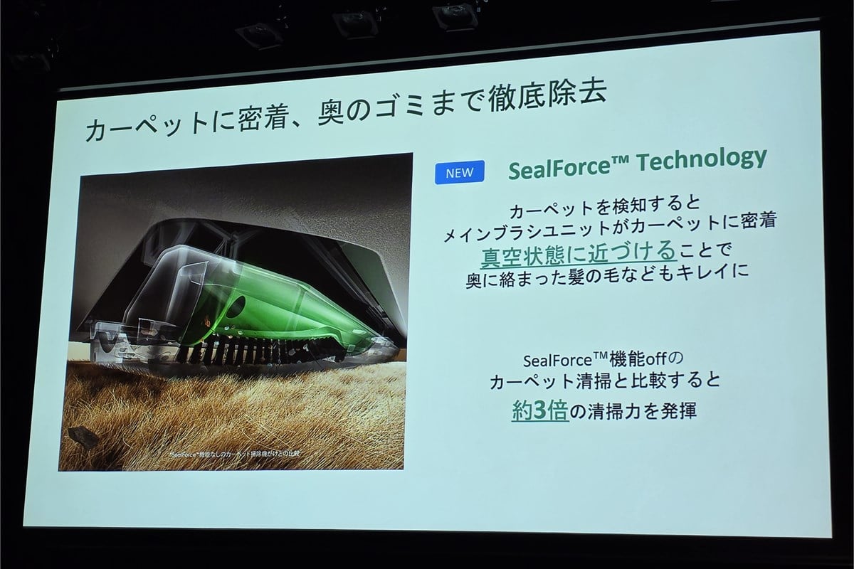 カーペットに吸引口を密着させるSealForceの機構を説明したスライド。吸引力の数値だけでなく、床材と接する部分で空気の流れを制御することも、ゴミを取り除く力を左右します。