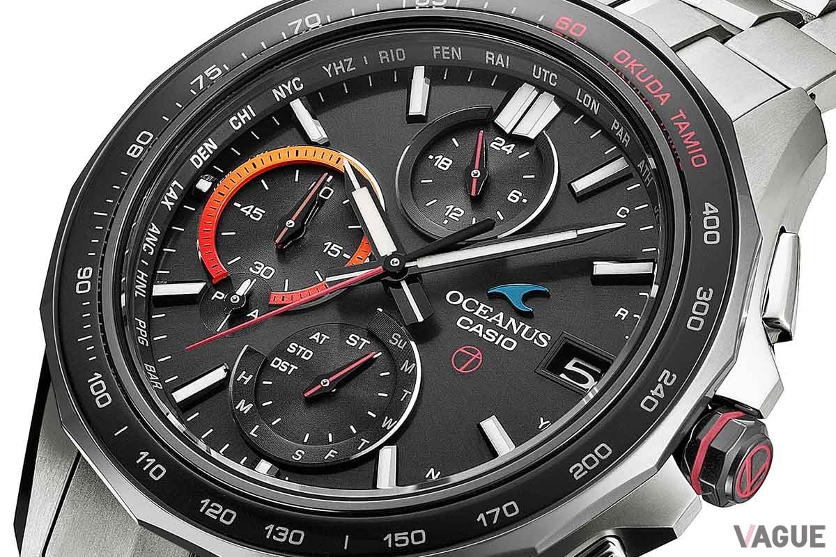 多機能をデザインに昇華しているのが特徴のオシアナス。モバイルリンクによる時刻修正やワールドタイム設定なども便利だ