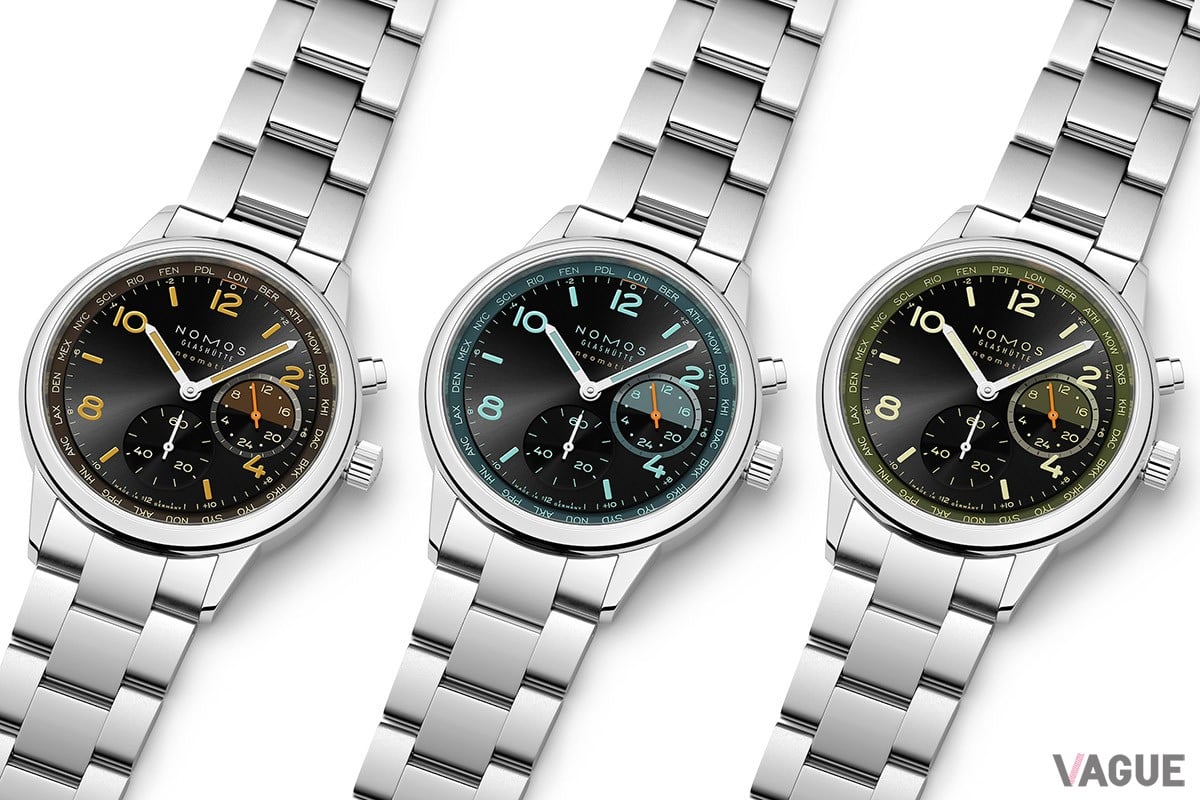 “夜のシティライフ”をテーマにした新色の「クラブ スポーツ ネオマティック ワールドタイム リミテッド ナイト ナビゲーション」。ターコイズ（TRACE）、オレンジ（GRID）、オリーブ（VECTOR）の3色がさまざまな夜景を表現する