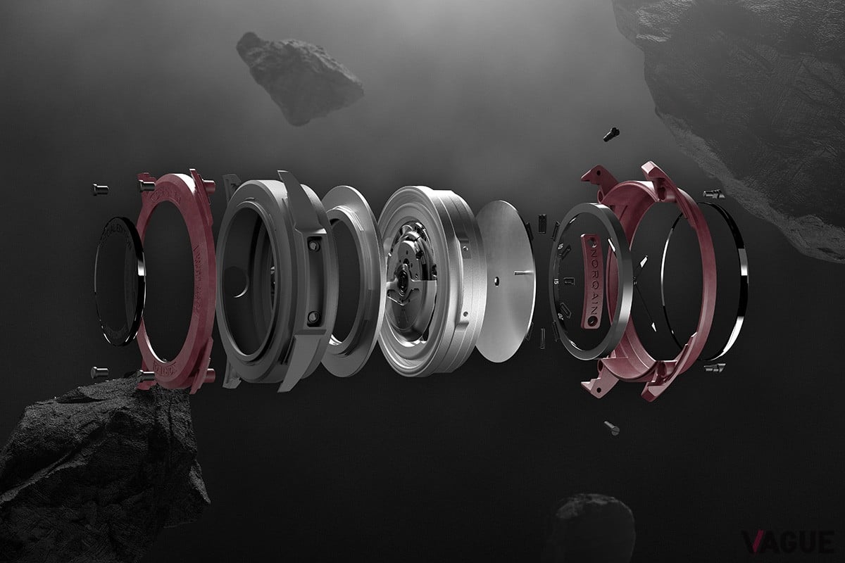 ムーブメントの入ったチタンケースをアンスラサイトのショックアブソーバーが包み、さらにバーガンディのNORTEQケージが上下から挟むように包み込む