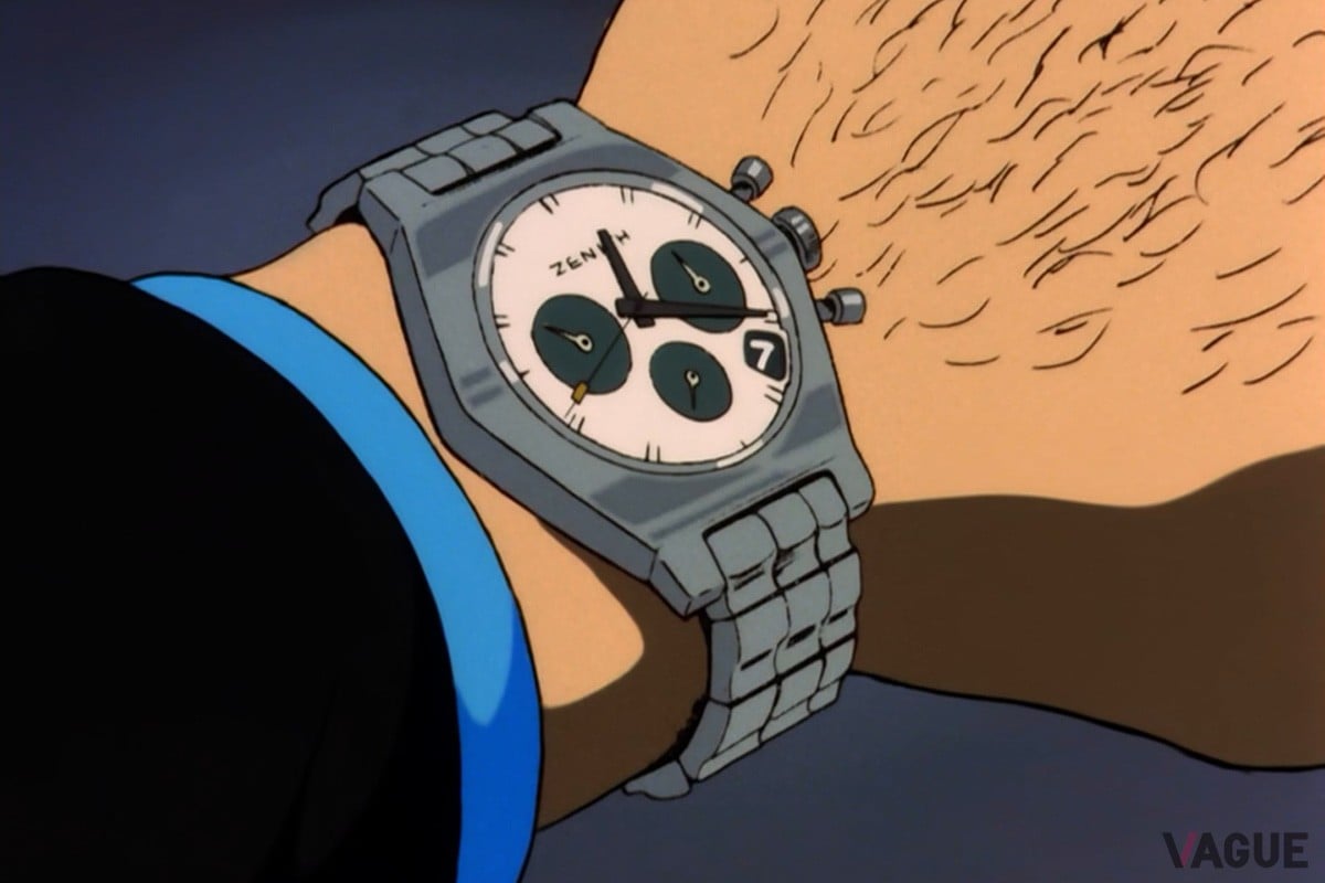 アニメ第1シリーズ最終話『黄金の大勝負！』にて登場する腕時計。特徴のあるトノー型シルエットやラダーブレスはゼニス「A384」そのもの　©モンキー・パンチ／ＴＭＳ・ＮＴＶ