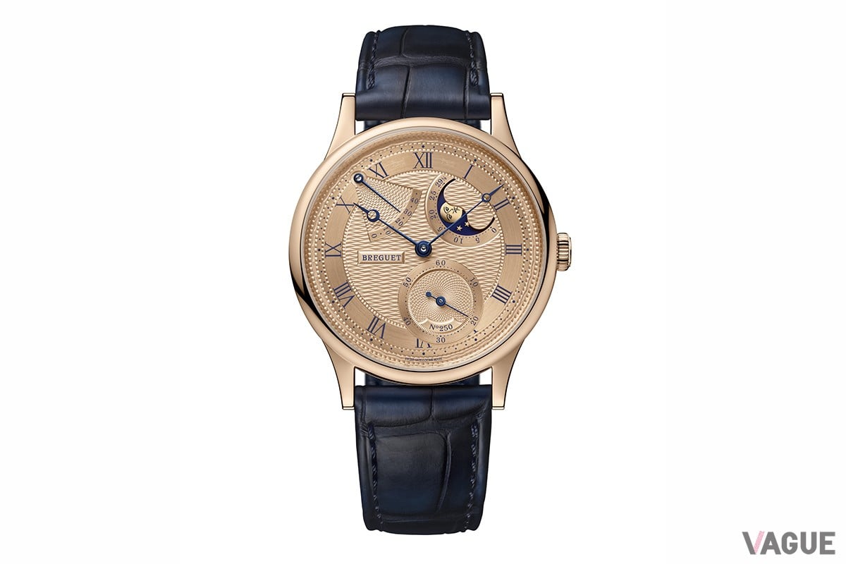 こちらも温かみを感じるブレゲゴールド製。ムーンフェイズの月も当時のものを再現したという