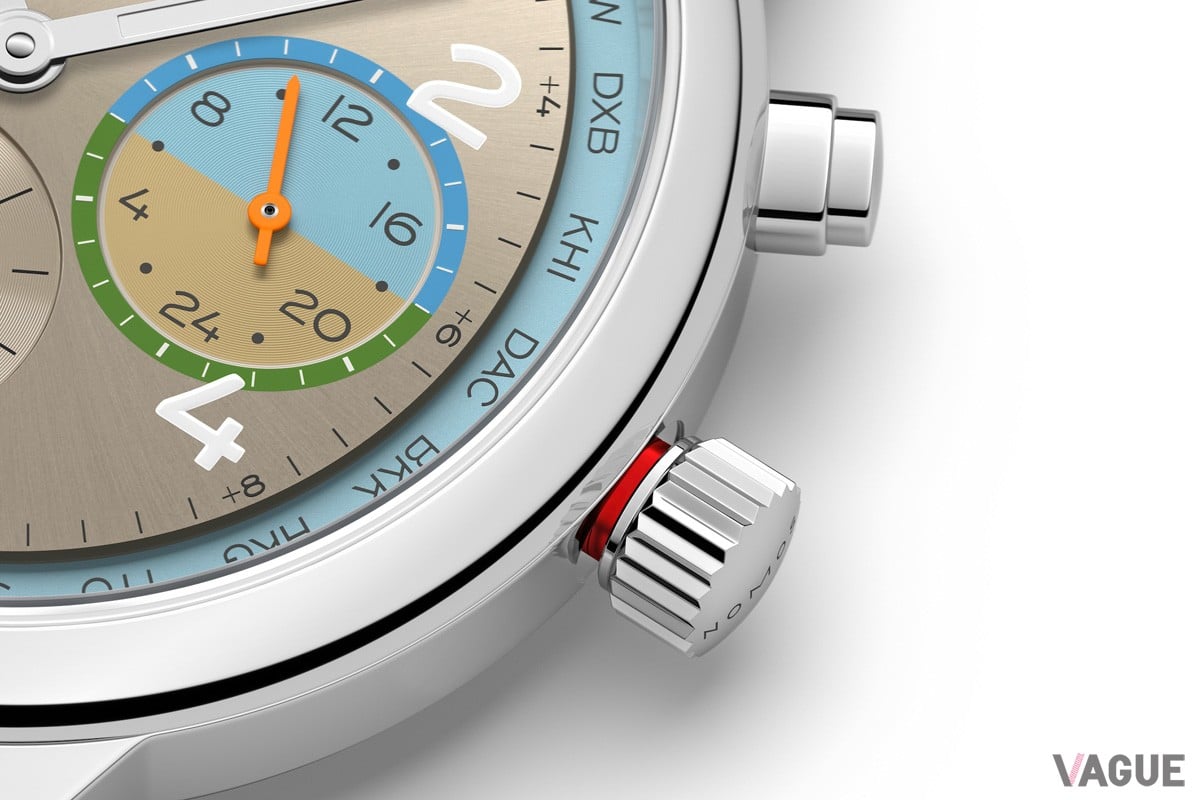 タイムゾーンは2時の位置にあるプッシュボタンを使って簡単に調節可能