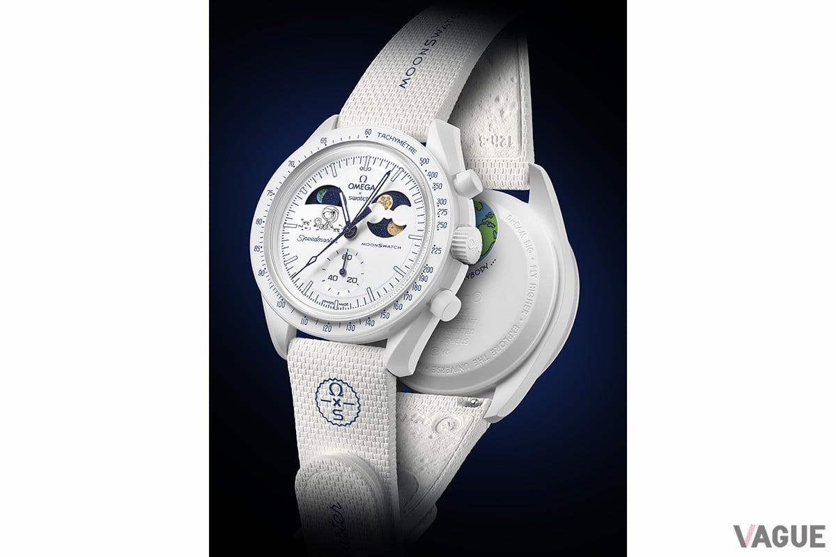 ホワイトのケースとバンドで冬の雪景色を表現。裏蓋には地球のイラストと「I BEAT EVERYBODY…」の文字も