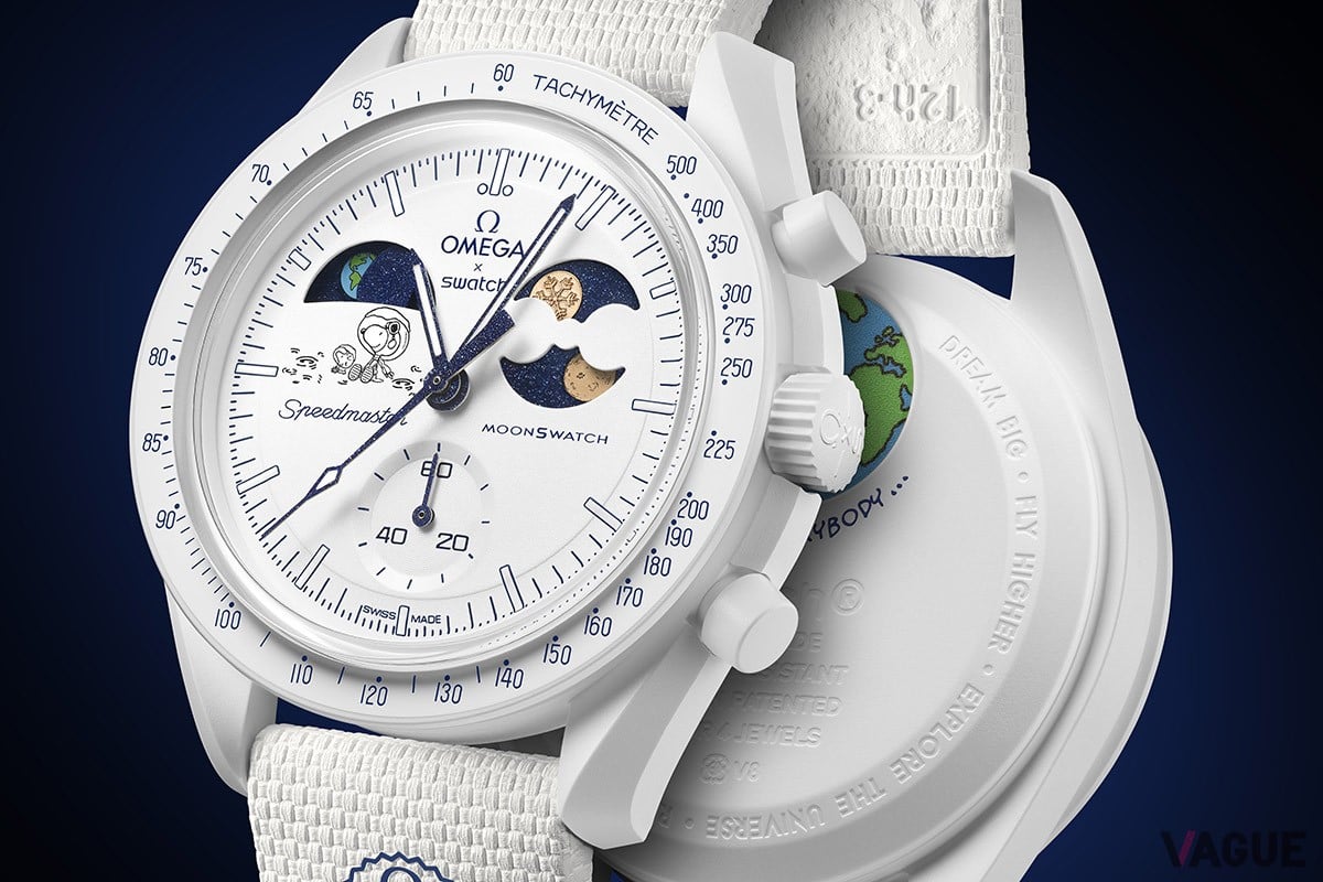 ホワイトのケースとバンドで冬の雪景色を表現。裏蓋には地球のイラストと「I BEAT EVERYBODY…」の文字も