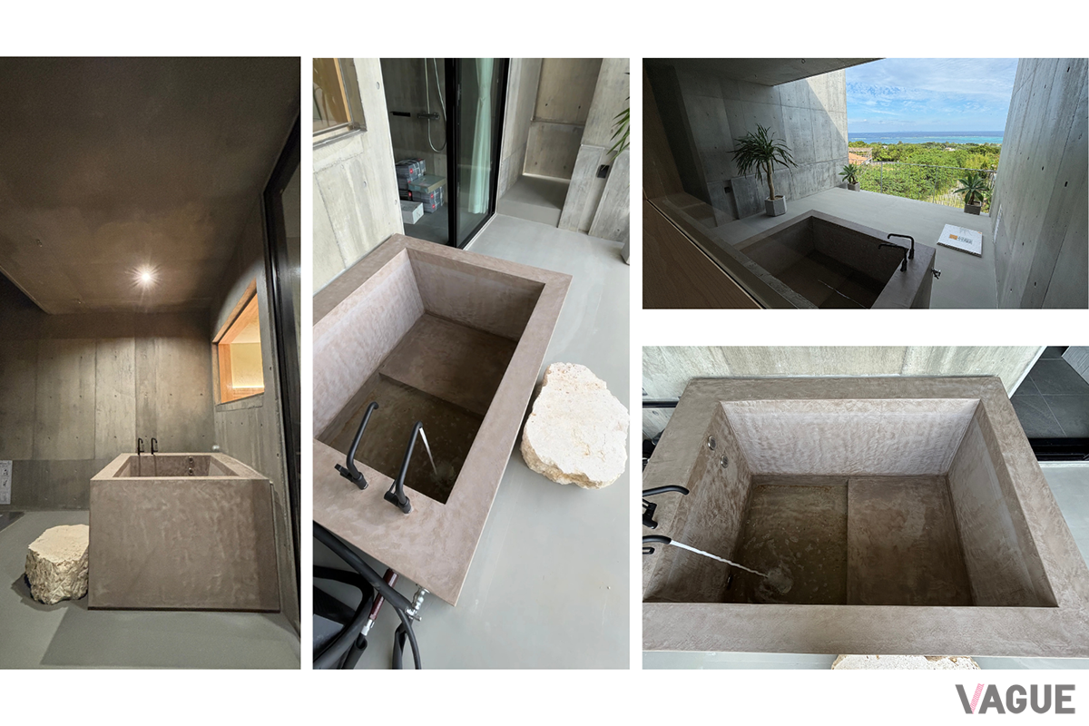 モールテック製の造作水風呂と琉球石灰岩の踏み台