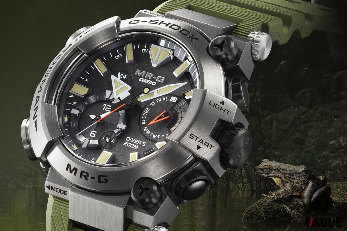 「FROGMAN（MRG-BF1000RG）」。G-SHOCKの最高峰ライン「MR-G」ではチタン外装をメインで展開。ダイバーズのフロッグマンもチタンバージョンとなり高級感と重厚感あふれる一本に。