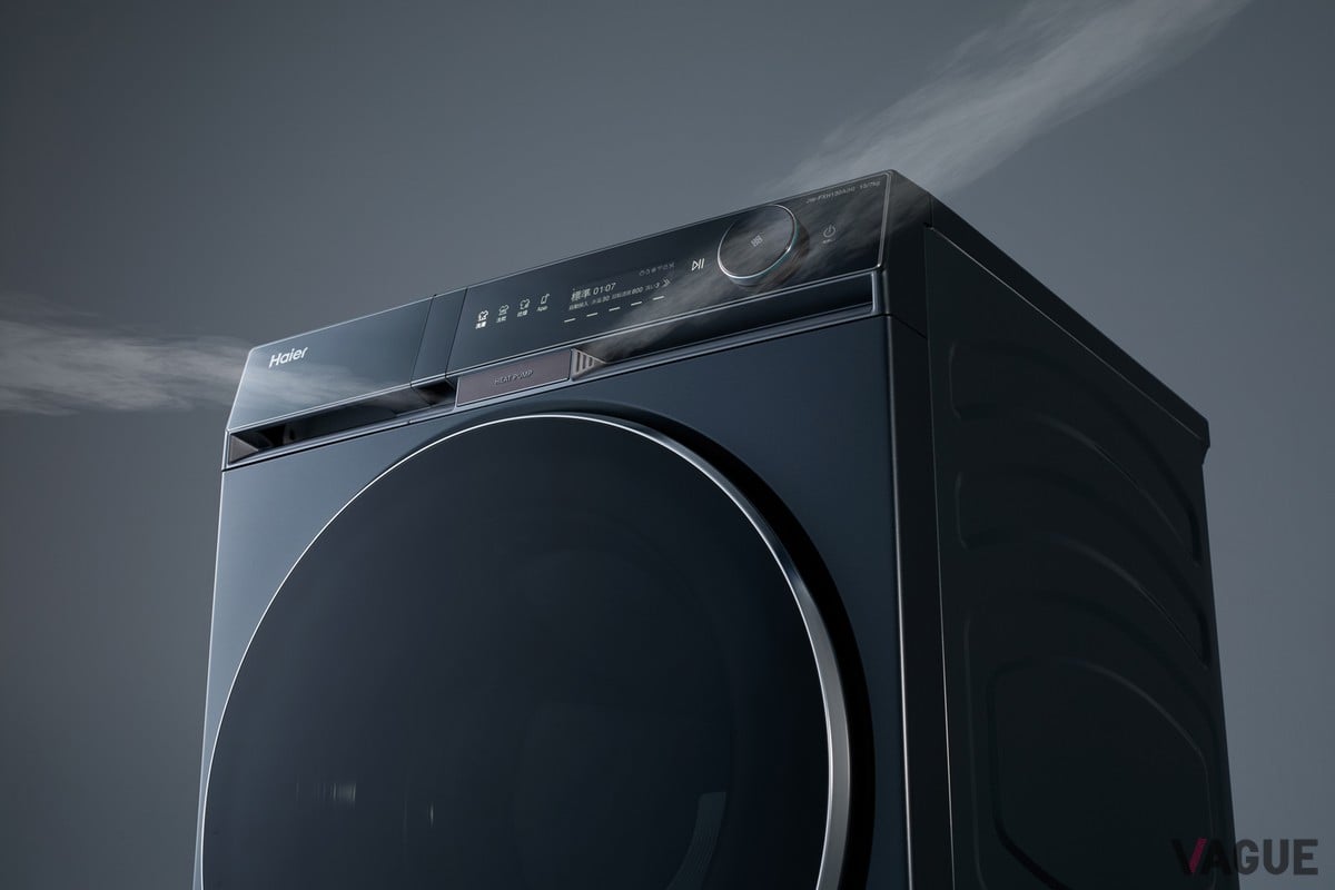 ドラム内の湿った空気を外に排出し、新鮮な空気を取り込む業界初の「風通し運転」のイメージ図。扉を閉めたまま換気することで、乾燥後のこもったニオイやシワを抑える仕組みが視覚的に表現されている