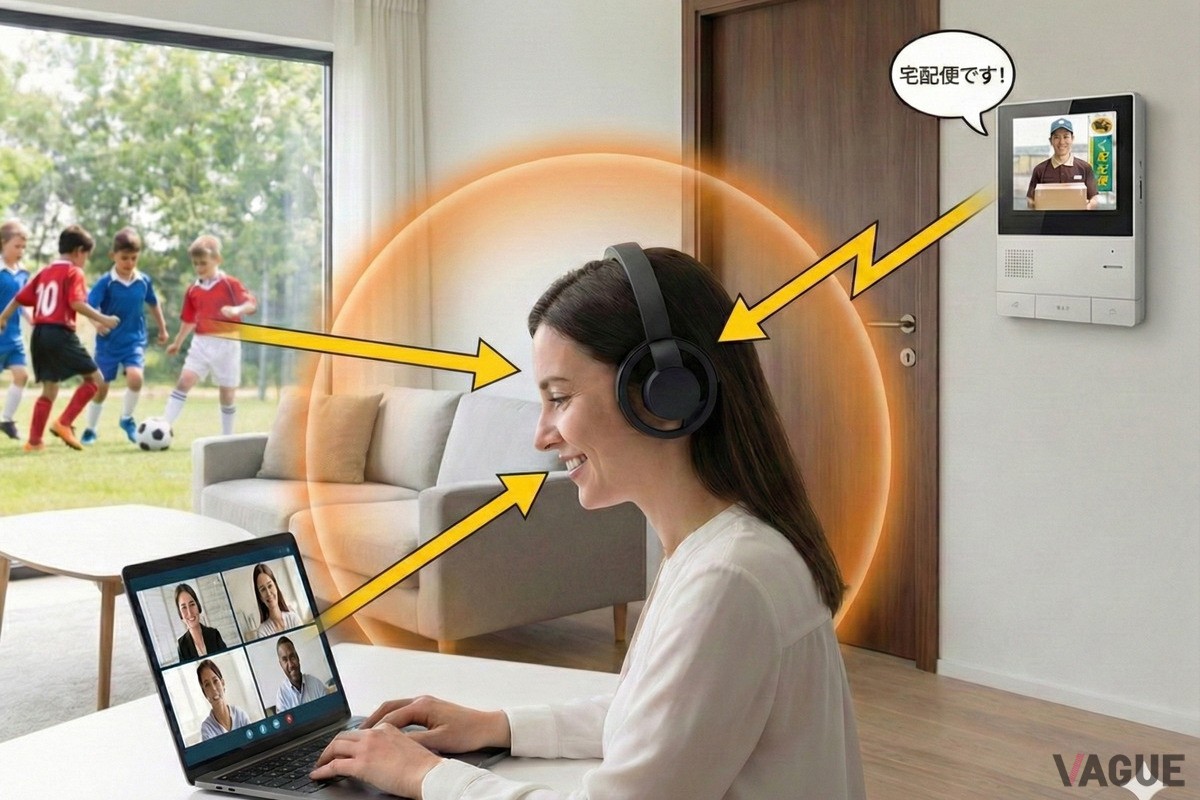 PCでのオンラインミーティング中の音に集中しながらも、周囲の声やインターホンなど外の音も自然に耳に届く