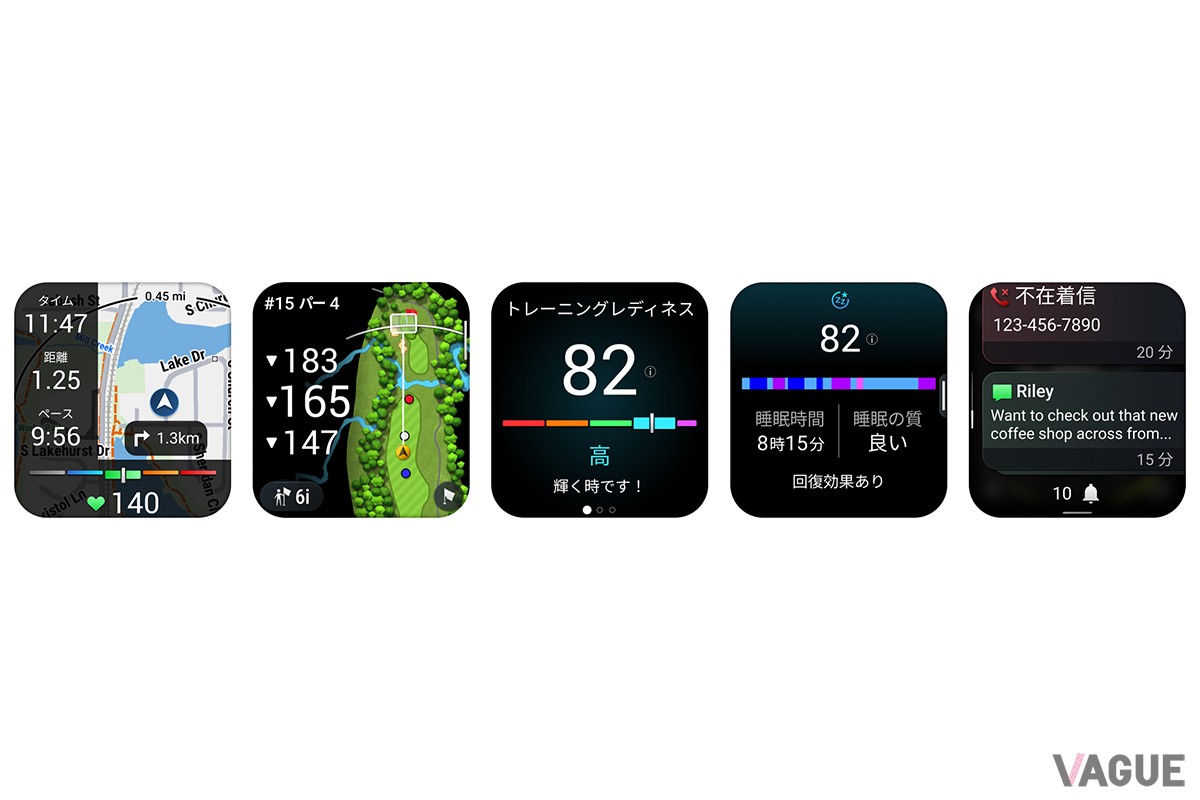 左から、地図機能、ゴルフモード、トレーニングレディネス、睡眠スコア、通知機能。スポーツに役立つだけでなく日常の健康管理の質を向上させる機能を多数搭載している。
