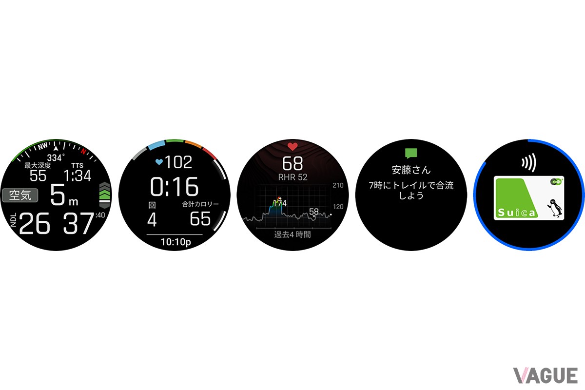 左から、ダイビング、筋トレ、心拍計、通知機能、Suica