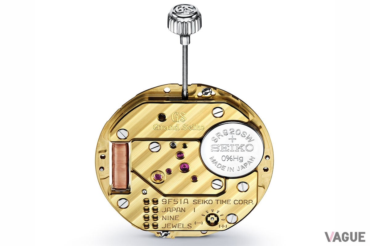 新開発のキャリバー9F51。9Fクオーツが誇る充実した機能はそのままに、シリーズ最小サイズを実現している